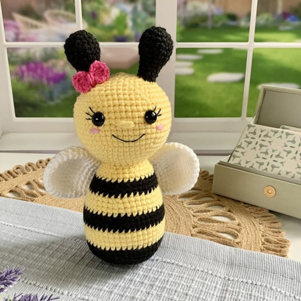 Crocheted bee plushie with a pink bow on her head.